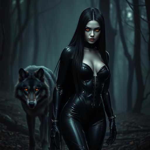 A woman dressed in black leather attire with red eyes is walking through a dark forest while accompanied by a large wolf on the left side of her path.