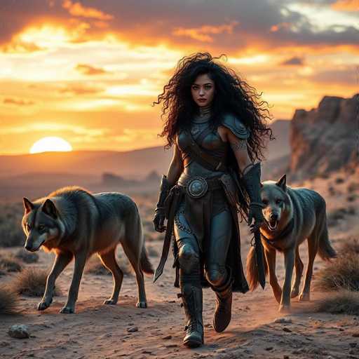 In this captivating image, a woman with long, black, curly hair stands poised in a rugged, desert-like landscape. She is dressed in a striking, leather outfit that includes a corset, gloves, and boots, exuding an aura of strength and determination. Her attire is accentuated by a belt with a prominent buckle, adding to her fierce appearance. She gazes directly at the camera, her expression stern and focused.

Flanking her on either side are two majestic wolves, their fur a blend of gray and brown. The wolf on her left has its head lowered, while the one on her right looks up with an open mouth, as if ready to bark. The ground beneath them is a mix of dirt and sand, with sparse patches of grass and scattered rocks, emphasizing the harshness of the environment.

In the background, a majestic mountain range stretches across the horizon, with the sun setting behind it, casting a warm, golden glow over the scene. The sky is a blend of orange and gray hues, with clouds adding depth to the picturesque landscape. This image beautifully captures the essence of a warrior in a wild, untamed world.