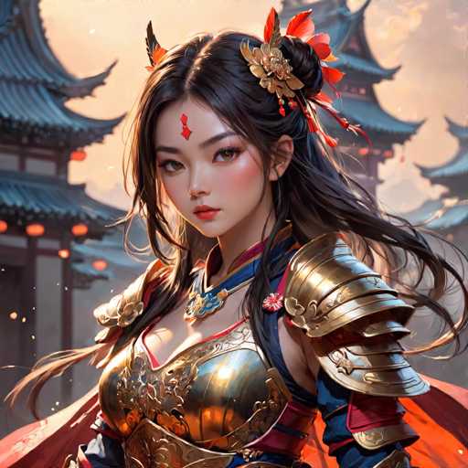 The image depicts a woman with long dark hair wearing a gold armor suit and a red headband adorned with flowers. She is standing against the backdrop of traditional Chinese architecture, including blue-roofed pagodas and other buildings. The colors in the image are predominantly gold and red, creating a striking contrast against the darker tones of the architecture.