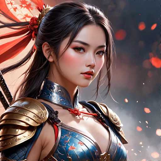 This image features a highly detailed, computer-generated depiction of a young Asian woman, possibly a character from a video game or an anime. She has long, dark hair adorned with a red and gold hairpiece, and her expressive brown eyes are accentuated by her red lipstick. Her face is framed by a blue collar with intricate gold designs, and she wears a blue top with gold shoulder pads and a red string around her neck. The background is a dark, smoky gray with hints of red and orange, creating a dramatic atmosphere. The woman's head is slightly turned to the right, and her gaze is directed towards the viewer, giving the impression of a powerful warrior.