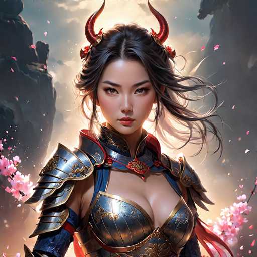 This image features a highly detailed, computer-generated depiction of a young Asian woman, possibly in her late teens or early twenties. She has long, dark brown hair styled in a ponytail with loose strands framing her face, and two striking red horns protruding from the top of her head. Her expression is serious, with dark brown eyes and red lipstick accentuating her features. She is adorned in elaborate, metallic armor that combines silver and gold elements, with intricate designs and a low-cut chest plate that reveals a hint of cleavage. The armor includes a high collar and shoulder plates, and she wears blue sleeves with red accents. A red sash drapes over her left shoulder, adding to her regal appearance. The background is a dramatic scene of a cloudy sky with sunlight breaking through, flanked by dark gray, rocky cliffs. Pink cherry blossom petals are scattered around her, enhancing the ethereal and fantastical atmosphere of the image.