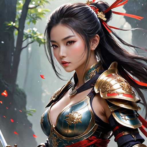 The image depicts a highly detailed, computer-generated or AI-generated artwork of a young Asian woman, possibly in her late teens or early twenties. She has long, dark brown hair styled in a ponytail with a red ribbon and gold flowers, and her hair is slightly tousled as if caught in a breeze. Her face is adorned with light makeup, including pink lipstick and subtle eye makeup, and she has brown eyes and a small nose. She is dressed in elaborate, ornate armor that combines green and gold elements, with a blue and gold breastplate, and a red sash around her waist. The armor includes a golden shoulder piece and a blue and gold collar around her neck. She is holding a sword in her right hand, with the blade visible in the bottom left corner of the image. The background features a misty, foggy forest with a large tree trunk on the left side and a grayish sky, adding to the ethereal and fantastical atmosphere of the scene.