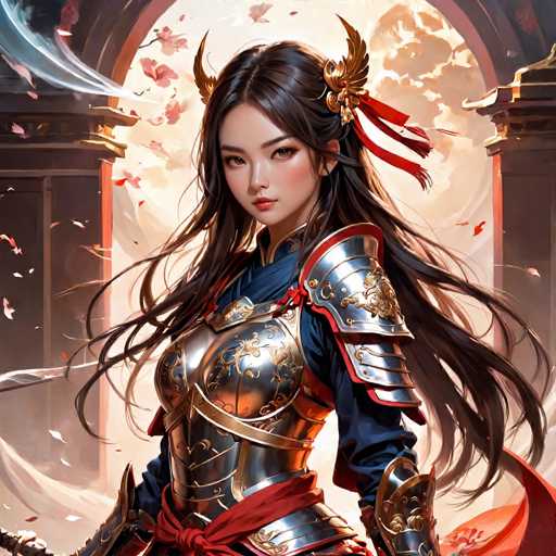 The image depicts a woman with long dark hair wearing a gold and red armor suit, holding a sword in her right hand. The background features an archway adorned with pink flowers, suggesting a medieval or fantasy setting.