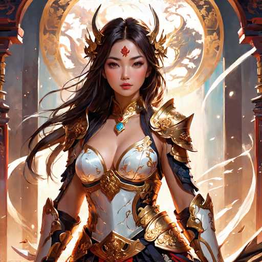 The image depicts a highly detailed, AI-generated or hand-drawn illustration of a young Asian woman, possibly in her late teens or early twenties. She has long, dark brown hair that flows down to her waist, with a slight curl at the ends. Her hair is adorned with a golden headpiece featuring two prominent horns on either side of her head. A red emblem, resembling a leaf or flower, is centered on her forehead.

Her face is framed by long eyelashes and pink lips, with a slight blush on her cheeks. She wears a form-fitting, white and gold armor that accentuates her figure, particularly around her chest and waist. The armor includes a golden belt and shoulder pads, with a blue gemstone at the center of her chest. Her arms are exposed, and she appears to be wearing white gloves or gauntlets.

The background is a blend of light and dark gray tones, with a circular emblem featuring a dragon-like creature positioned behind her head. The scene is set within a grand, ornate structure, possibly a palace, with large stone columns and a golden archway visible. The overall composition suggests a fantasy or video game character, evoking a sense of power and elegance.