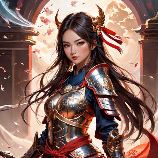 The image depicts a highly detailed, computer-generated illustration of a young Asian woman, possibly Japanese, dressed in elaborate armor. She has long, flowing black hair adorned with a golden bird pin and red tassels. Her armor is a striking combination of silver and gold, featuring intricate designs and a prominent red trim. The armor covers her chest, shoulders, and forearms, with a blue shirt visible underneath. She stands in a powerful, warrior-like pose, gazing directly at the viewer. The background is a blend of traditional Japanese architecture, including a large archway and a building with a red roof, set against a sky filled with clouds and falling cherry blossom petals. The overall scene exudes a sense of strength and cultural significance, reminiscent of a fantasy video game or animated movie.