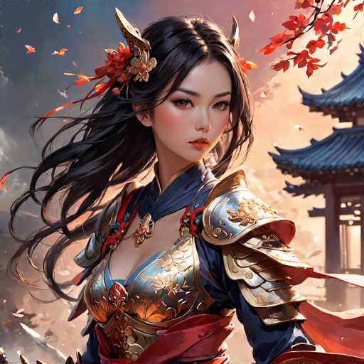 The image depicts a highly detailed, computer-generated or AI-generated artwork of a young Asian woman, possibly Japanese or Chinese, dressed in elaborate armor. She has long, flowing black hair adorned with a red flower and a golden butterfly clip. Her armor is a striking combination of blue and gold, with intricate floral designs and a low-cut neckline. A red sash or cape drapes around her waist, adding to her regal appearance. She stands with her body facing forward, but her head is turned to the right, gazing over her shoulder. The background features a traditional Japanese or Chinese pagoda on the right side, with a sky that transitions from blue to a pinkish hue, suggesting either dawn or dusk. The scene is filled with dynamic elements, including red leaves and petals floating in the air, enhancing the overall sense of motion and beauty.