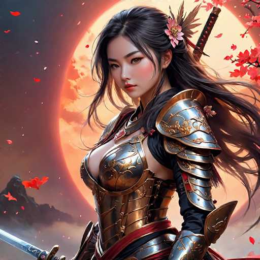 The image depicts a striking, computer-generated female samurai warrior, possibly from a video game or an anime. She stands confidently, gazing directly at the viewer, with long, flowing black hair adorned with a pink flower and a feather. Her attire is a detailed ensemble of silver and gold armor, intricately designed with floral patterns, particularly on her chest plate and shoulder pads. The armor is form-fitting, revealing a generous bosom and a slender waist. She wears a black shirt underneath the armor, and a red sash is tied around her waist. In her right hand, she wields a sword, while a second sword is strapped to her back. The background features a large, glowing full moon with a pinkish hue, surrounded by wispy clouds. To the left, a mountain range is visible, and to the right, a cherry blossom tree with red leaves adds a touch of color. The scene is set against a dark, night sky, enhancing the dramatic and ethereal atmosphere of the image.
