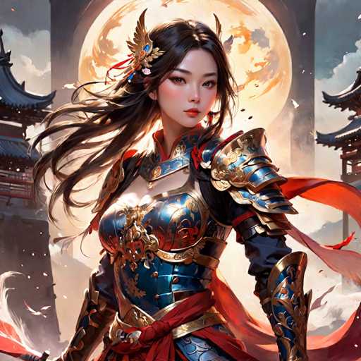 This image features a detailed, computer-generated illustration of a young Asian woman, possibly in her late teens or early twenties. She has long, flowing black hair adorned with a gold and blue flower-shaped barrette. Her face is delicately made up, with pink lips and a slight blush on her cheeks. She is dressed in an elaborate blue and gold armor that covers her chest and shoulders, with a red sash tied around her waist. The armor includes a blue collar with gold accents, and her sleeves are a combination of blue and black. A red cape billows behind her, adding to the dynamic feel of the image. The background showcases a large, glowing moon with swirling clouds, framed by the silhouettes of traditional Asian-style buildings with curved roofs. The overall scene is vibrant and richly detailed, capturing a sense of fantasy and elegance.