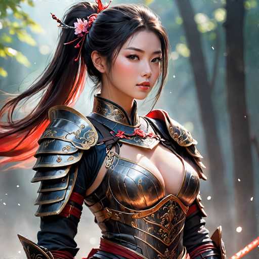 This image features a highly detailed, computer-generated depiction of a young Asian woman, likely in her late teens or early twenties. She has long, dark hair that transitions to a reddish hue at the ends, styled into a ponytail with a pink flower adorning it. Her hair is pulled back, with a few strands framing her face. She has striking brown eyes, pink lips, and a fair complexion with a slight blush on her cheeks.

The woman is dressed in elaborate, ornate armor that combines elements of black and gold. The armor includes a chest plate, shoulder plates, and a high collar that extends up to her neck. The chest plate is particularly intricate, featuring gold accents and a design that reveals a hint of cleavage. The armor's coloration transitions from black at the top to a golden hue towards the bottom. She also wears a red necklace that complements the armor's color scheme.

In her right hand, she holds a sword, though only the blade is visible in the image. The background is a blurred forest scene, with sunlight filtering through the trees, adding a natural, ethereal quality to the overall composition.