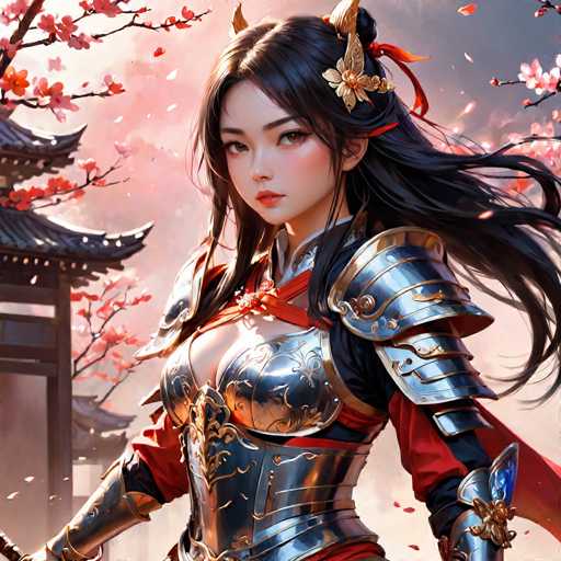 The image depicts a woman with long dark hair wearing a silver armor suit and gold earrings standing in front of a traditional Chinese temple surrounded by cherry blossom trees. The background features pink and white hues from the blossoms, creating a serene and picturesque setting for the scene.