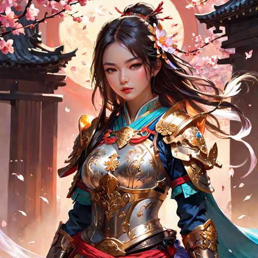 The image depicts a woman with long dark hair wearing a gold and blue armor suit adorned with red accents. She is standing in front of a temple, which has a black roof and columns supporting it. The background features pink flowers scattered around the temple, adding to the overall aesthetic of the scene.