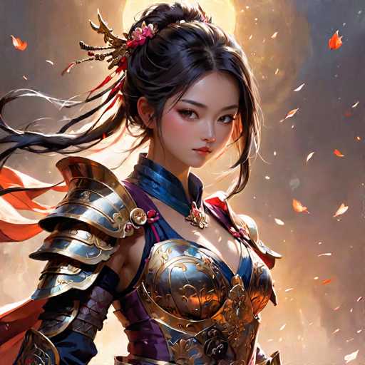 The image depicts a highly detailed, computer-generated or AI-generated illustration of a young Asian woman, possibly in her late teens or early twenties. She has long, dark brown hair styled in a ponytail with loose strands framing her face, and her hair is adorned with a red and pink floral accessory. Her makeup is striking, featuring heavy eye makeup, blush, and lipstick, giving her a somewhat cartoonish appearance. She is dressed in elaborate, metallic armor that combines silver and gold elements, with a blue collar and a purple sash. The armor includes a breastplate and shoulder pads, and she wears a cape that flows behind her. She is looking directly at the viewer, with a serious expression. The background is a blend of gray and orange hues, with orange and red leaves seemingly floating around her, adding to the dynamic and ethereal quality of the image.