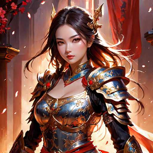 The image depicts a highly detailed, computer-generated illustration of a young Asian woman, possibly in her late teens or early twenties. She has long, dark brown hair adorned with a gold barrette on the right side, and her expressive brown eyes are accentuated by her red lips. She is dressed in an elaborate, metallic blue and gold armor that covers her chest and shoulders, with a low neckline revealing a hint of cleavage. The armor features intricate gold designs and is complemented by a red sash around her waist. She stands in a majestic pose, with her head slightly tilted to the left, gazing directly at the viewer. The background is a grand, castle-like setting with tall, gray stone walls and a large red flag hanging on the right side. To the left, a tree branch with red flowers adds a touch of natural beauty to the scene. The overall composition suggests a fantasy or historical theme, possibly from a video game or animated series.