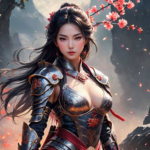 The image depicts a woman wearing a medieval-style armor suit with red and gold accents. She is standing against a backdrop of a rocky cliff face adorned with pink flowers. The woman's hair is styled in loose waves, adding to the overall medieval aesthetic.
