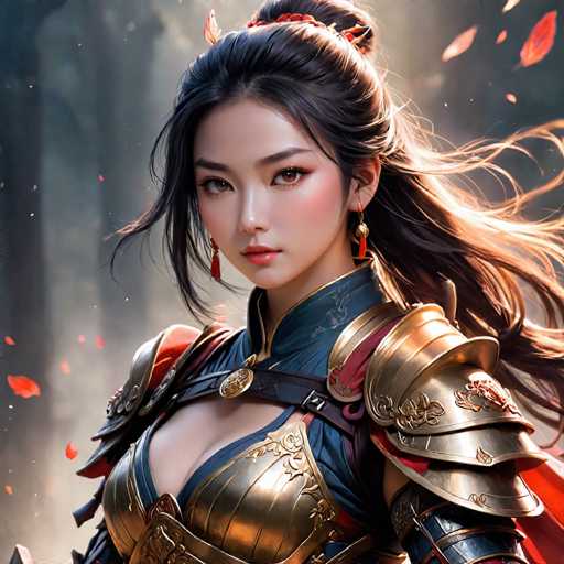 The image depicts a woman with long dark hair wearing a gold and red armor suit, holding a sword in her right hand. She is standing against the backdrop of a forested area, with fallen leaves scattered around her. The colors used are predominantly gold, red, and black, creating a striking contrast that draws attention to the central figure.