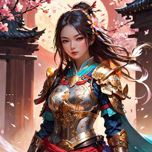 This image features a detailed, computer-generated illustration of a young Asian woman, possibly Japanese or Chinese, dressed in elaborate armor. She has long, dark brown hair adorned with a white and yellow flower on the right side and a red ribbon at the top. Her hair is styled in a bun with a braid cascading down the left side. She has brown eyes, red lips, and a small nose, with her gaze directed towards the viewer.

Her armor is primarily silver with intricate gold designs, including a chest plate, shoulder pads, and wrist guards. The armor is complemented by a blue shirt with red and blue accents, and a red sash around her waist. A blue cape flows behind her, adding to her regal appearance.

The background is a serene night scene with a large, glowing yellow moon. On either side of her are traditional Japanese-style pillars with black roofs, and a cherry blossom tree with pink and white flowers is visible in the top left corner. The overall atmosphere is mystical and enchanting, with the moonlight casting a soft glow over the entire scene.