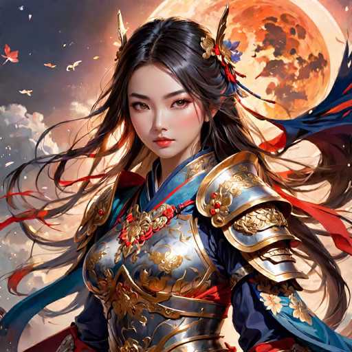 This image is a detailed, computer-generated illustration of a young Asian woman, possibly Japanese or Chinese, dressed in elaborate armor. She has long, dark hair adorned with a red and blue flower, and her eyes are accentuated with red eyeshadow. Her lips are painted a striking red. The armor she wears is primarily silver with intricate gold trim and floral designs, and it includes a breastplate, shoulder pads, and a flowing cape. The background features a large, glowing orange moon with dark spots, surrounded by clouds and birds, creating a mystical atmosphere. The overall scene is vibrant and richly detailed, with the woman's armor and hair appearing to flow in the wind, adding a dynamic sense of movement to the image.