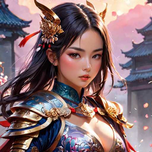 This image features a detailed, computer-generated depiction of a young Asian woman, likely in her late teens or early twenties. She has long, dark brown hair adorned with a gold flower-shaped accessory, from which red tassels dangle. Her expressive brown eyes are accentuated by pink blush on her cheeks and pink lipstick. She is dressed in an elaborate blue and gold armor, with a high collar that reaches up to her neck. The armor includes shoulder plates and a chest plate, both intricately designed with gold accents. A red rope with gold tassels is draped around her neck, adding to her regal appearance. The background showcases a pink sky with clouds and traditional Asian-style buildings with curved roofs, enhancing the cultural context of the image.