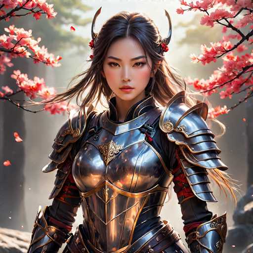 The image depicts a highly detailed, computer-generated illustration of a young Asian woman clad in elaborate, silver armor with intricate gold trim. Her long, dark hair is adorned with red flowers and two curved horns that extend from either side of her head, adding to her fierce and majestic appearance. She has a serious expression, with brown eyes, red lips, and a slight blush on her cheeks. The armor, which covers her torso and arms, features a prominent gold emblem on the chest plate and a red strap around her waist. The background is a serene, misty forest with tall trees and branches heavy with pink cherry blossoms, some of which are gently falling around her. The scene is bathed in soft sunlight, enhancing the ethereal and fantastical atmosphere.