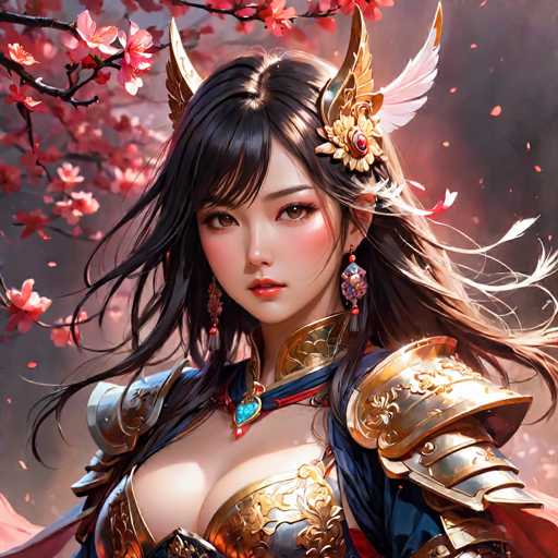 The image depicts a highly detailed, computer-generated or AI-generated artwork of a young Asian woman, possibly Japanese or Chinese, with long black hair and bangs. She has striking brown eyes, red lips, and a fair complexion. Her attire is a blend of traditional and fantasy elements, featuring a gold armor collar and shoulder pads, a blue and red cape, and a gold chest plate. She also wears a distinctive gold headpiece with white feathers and a red jewel, resembling a crown. Her earrings are elaborate, with one featuring a blue and red design and the other a pink and blue design. The background is a dark gray, with a cherry blossom tree on the left side, its pink petals gently falling around her. The woman is looking directly at the viewer, exuding a sense of strength and elegance.