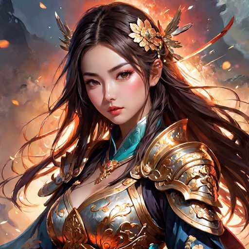 This image depicts a highly detailed, computer-generated or AI-generated artwork of a young Asian woman, possibly in her late teens or early twenties. She has long, flowing black hair adorned with a golden flower and leaves, and her hair appears to be caught in the wind. Her face is delicate with a small nose, full lips, and a hint of blush on her cheeks. She is dressed in an elaborate outfit featuring a blue and gold ensemble, including a blue dress with intricate gold armor on her shoulders and chest. The armor is decorated with floral patterns and has a low neckline. A golden necklace with a red gemstone adorns her neck. The background is a blend of gray and orange hues, with a bright light source behind her head, creating a dramatic and ethereal effect. The overall composition suggests she might be a warrior or a character from a fantasy setting.
