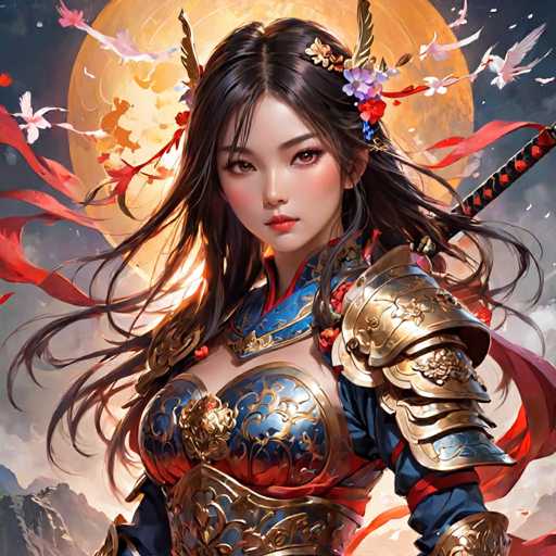 The image depicts a woman with long dark hair wearing a blue and gold armor suit adorned with intricate designs. She is holding a sword in her right hand and has a flower in her left ear. The background features a full moon and red and white streamers, creating an ethereal atmosphere.