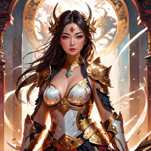 The image depicts a woman wearing a golden armor suit and a red headdress with a large horn on her forehead. She is standing in front of a window that has gold trim and a floral pattern. The background features a blue sky with white clouds.