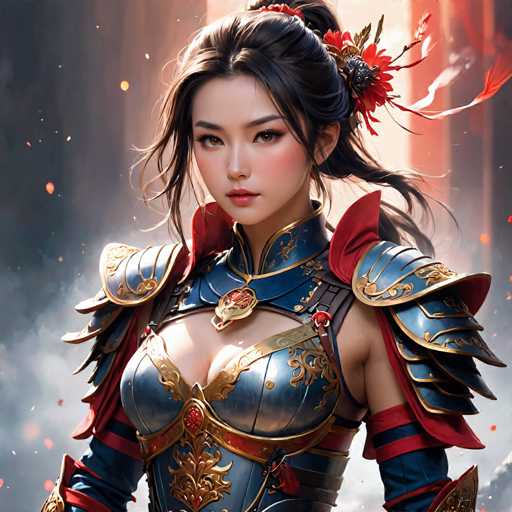 The image shows a close-up portrait of a woman with dark hair and red hair accessories. She is wearing a blue and gold armor suit that has intricate designs on it. The background features a blurred scene of smoke and flames, suggesting an intense or dramatic setting.