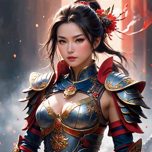 This image features a highly detailed, computer-generated depiction of a young Asian woman, likely in her late teens or early twenties. She has long, dark brown hair styled in a ponytail with a few loose strands framing her face. Her hair is adorned with a red flower and a decorative black bow. She has striking brown eyes, pink lips, and a fair complexion with a slight blush on her cheeks.

The woman is dressed in an elaborate blue and gold armor that appears to be a blend of traditional and fantasy elements. The armor includes a blue collar with gold trim, a chest plate with a prominent gold emblem, and shoulder pads that are blue with gold accents. Her arms are covered by blue and red bracers, and she wears a blue skirt with gold and red detailing. The armor is intricately designed, with red fabric peeking out from various parts, adding to its ornate appearance.

The background of the image is a mix of smoky gray and white, with hints of red and orange, creating a dramatic and somewhat ethereal atmosphere. The woman is positioned slightly to the left, gazing directly at the viewer with a composed and confident expression. The overall composition and the intricate details of her armor suggest that this is a high-quality, possibly AI-generated artwork.