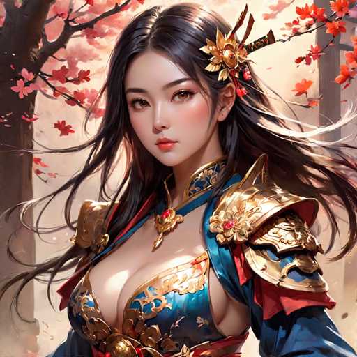 This image portrays a highly detailed, computer-generated or AI-generated artwork of a young Asian woman, possibly Japanese or Chinese, with long, flowing black hair adorned with a gold flower and a sword tucked behind her ear. She has striking brown eyes, pink lips, and a fair complexion. The woman is dressed in an elaborate blue outfit featuring intricate gold designs and shoulder pads, with a low-cut neckline that reveals a significant amount of cleavage. The background includes a tree with red and pink leaves, suggesting a fall setting, and a white wall, adding to the serene and somewhat ethereal atmosphere of the scene.