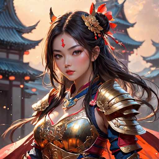 This image features a detailed, computer-generated depiction of a young Asian woman, possibly a character from a video game or an anime. She has long, dark brown hair styled in a bun adorned with a gold and red flower, and a red feather protrudes from the bun. A red diamond shape is painted on her forehead, and she has brown eyes, red lips, and a fair complexion. She is dressed in a gold armor top with a blue and red collar, and a red cape flows behind her. Her right shoulder is protected by a gold armor piece, while her left arm is bare. The background showcases a traditional Asian-style building with a black roof and red lanterns, set against a sky that transitions from light to dark gray. The overall scene is rich in detail, with the woman's attire and the architectural elements contributing to a vibrant, cultural aesthetic.