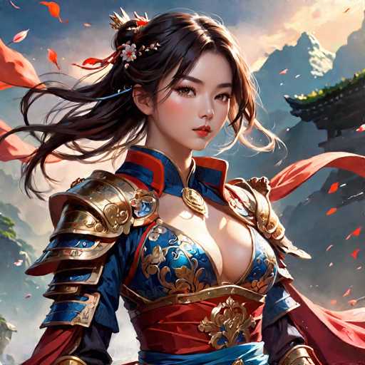 This image depicts a highly detailed, computer-generated or AI-generated artwork of a young Asian woman, possibly Japanese or Chinese, with long, dark brown hair adorned with a white flower and a gold crown. She has a fair complexion, brown eyes, and red lips, with her hair partially tied back in a ponytail. She is dressed in an elaborate outfit featuring a blue and gold floral top with a red and blue collar, and a red sash around her waist. Over her shoulders, she wears gold armor that extends down to her forearms, and a red cape billows behind her. The background showcases a blue sky with white clouds, a mountain range, and a traditional Japanese-style building with a green roof. The scene is set in a fantasy landscape, with red leaves and petals floating in the air, adding to the ethereal atmosphere.