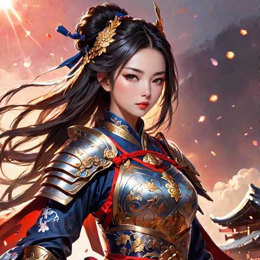 A stunning digital painting of a beautiful woman in traditional Chinese armor, rendered in an anime style. She has long, flowing black hair adorned with golden ornaments and a red ribbon, her eyes are large and expressive. She wears ornate blue and gold armor with intricate details, a red sash, and a flowing red cape. The background is a dramatic sunset sky with fiery oranges and pinks, accented by falling cherry blossoms. The overall style is highly detailed and evocative, with a focus on soft lighting and dynamic composition.