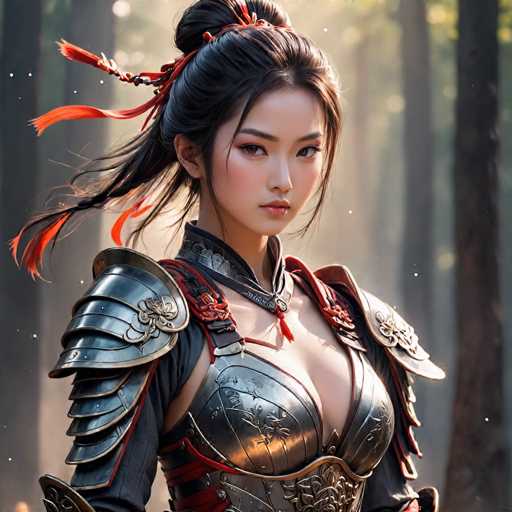The image depicts a young Asian woman, possibly a teenager, with long black hair styled in a bun adorned with red ribbons. She is dressed in elaborate, metallic armor that appears to be a blend of silver and gold, featuring intricate floral designs. The armor includes a chest plate, shoulder plates, and a high collar that extends up to her neck, with a red tassel hanging from it. Her outfit is accentuated with red straps and additional red details. The woman has a serious expression, with her gaze directed slightly to the right. The background is a blurred forest with tall trees, creating a mystical atmosphere. The image has a slightly grainy quality, suggesting it might be a screenshot from a video game or a highly detailed digital artwork.