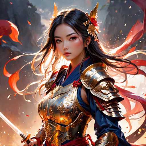 The image depicts a highly detailed, computer-generated illustration of a young Asian woman, possibly Japanese or Chinese, adorned in elaborate armor. She stands in a dynamic pose, gazing directly at the viewer with a serious expression. Her long, dark hair is styled with a middle part and adorned with a gold and red floral accessory. She wears a blue robe with red trim, over which she dons a silver and gold breastplate and shoulder armor. In her right hand, she wields a sword, while her left arm is extended outward. The background features a dramatic scene with swirling red and orange leaves, possibly petals, set against a backdrop of grayish mountains and a glowing light, adding to the overall sense of motion and intensity in the image.
