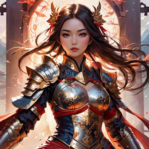 This image is a detailed, computer-generated illustration of a young Asian woman, likely in her late teens or early twenties. She has long, flowing black hair adorned with gold and red flowers, and her face is accentuated with pink blush and red lipstick. She is dressed in an elaborate suit of armor that combines silver and gold elements, with intricate designs and a low-cut chest plate. The armor features blue accents and a red sash that wraps around her waist and chest. She is also wearing a cape that flows behind her. The background is a blend of light and dark gray tones, with a prominent circular shape that resembles a sun or moon, casting a warm glow. The overall scene is set against a backdrop that includes a wooden structure, adding to the image's depth and complexity.