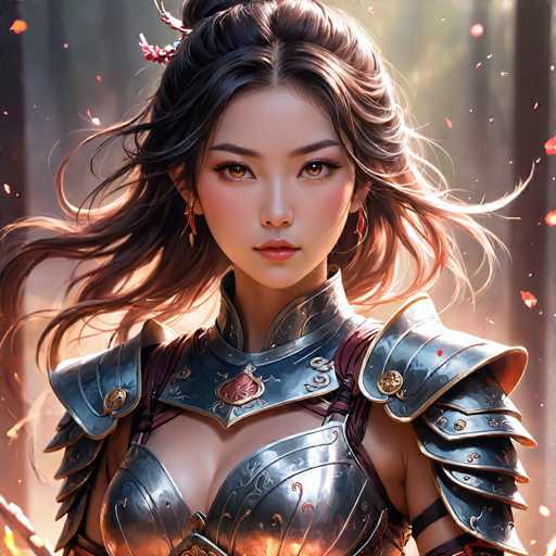 This image features a highly detailed, computer-generated depiction of a young Asian woman, possibly in her late teens or early twenties. She has long, dark brown hair adorned with a pink and white flower, and her striking brown eyes are accentuated by long eyelashes. Her face is framed by delicate features, including a small nose and full lips, and she wears red earrings. She is dressed in elaborate, silver armor that covers her chest and shoulders, with intricate gold accents and a prominent red gem at the center of her collar. The armor includes a high collar that extends up to her neck, and she has a black strap over her left shoulder. The background is a blurred mix of gray and green hues, with floating leaves and hints of orange and yellow, suggesting a forest setting. The overall composition gives the impression of a warrior princess from a fantasy video game or movie.
