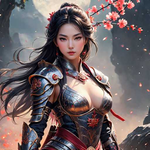 This image features a highly detailed, computer-generated depiction of a young Asian woman, possibly in her late teens or early twenties. She has long, dark brown hair styled in a half-up, half-down manner, with the top portion pulled back into a bun. Her hair is adorned with a branch of pink cherry blossoms on the right side, and she wears a red flower on the left side of her head. Her face is accentuated with red lipstick, and she has a serious expression as she gazes directly at the viewer.

She is dressed in an elaborate, form-fitting black armor that covers her torso, shoulders, and arms. The armor is intricately designed with gold trim and features a low-cut neckline that reveals much of her chest. A red sash is tied around her waist, and she has a sword at her side. The background is a dark, smoky gray, with hints of a mountainous landscape and a large, white moon partially visible in the upper left corner. Cherry blossom petals are scattered around her, adding to the ethereal and fantastical atmosphere of the scene.
