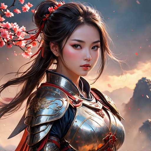 This image is a detailed digital painting of a young Asian woman, likely in her late teens or early twenties, depicted in a fantasy setting. She has long, dark brown hair styled in a half-up, half-down manner, with a red ribbon and flowers adorning it. Her hair is pulled back into a ponytail, with loose strands framing her face. She has striking brown eyes, long eyelashes, and a small, delicate nose. Her lips are painted a soft pink, and her cheeks have a subtle blush.

She is dressed in elaborate silver armor, which includes a chest plate, shoulder plates, and a neck piece, all accented with gold trim. The armor appears to be intricately designed, with a red ribbon running along the top edge. Underneath the armor, she wears a dark blue or black shirt. A red cape flows behind her, adding to her regal appearance.

The background features a dramatic sky with dark blue and gray clouds, illuminated by a golden light that suggests either a sunrise or sunset. To the right, there are hints of mountainous terrain, adding depth to the scene. The overall composition is rich in detail, creating a vivid and immersive fantasy world.