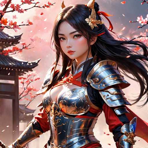 The image depicts a highly detailed, computer-generated or AI-generated artwork of a young Asian woman, possibly Japanese, standing in a dynamic pose. She has long, flowing black hair adorned with a gold and red butterfly clip, and her hair appears to be caught in the wind, adding a sense of motion to the scene. Her attire is a striking combination of a silver and gold armor suit with a low-cut chest plate, complemented by a red and black long-sleeved shirt underneath. The armor includes shoulder plates and a chest plate, with a red sash around her neck. She has a fair complexion, brown eyes, and red lips, and her expression is serious as she gazes directly at the viewer. The background features a traditional Japanese-style building with a black roof and brown walls, set against a sky filled with pink and white cherry blossoms that are gently falling around her. The overall composition is vibrant and richly detailed, capturing a moment of serene strength and elegance.