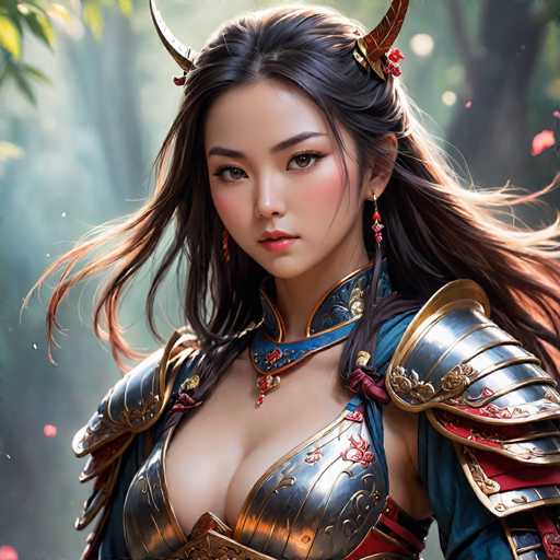 This image features a highly detailed, computer-generated depiction of an Asian woman adorned in elaborate armor. The armor is predominantly silver with intricate gold accents, and it covers her chest, shoulders, and neck. The woman has long, flowing black hair that cascades down her back, and she wears striking red earrings. Her expression is serious, and she gazes directly at the viewer. The background is a blurred, forest-like setting with hints of green and brown, creating a mystical atmosphere. The image is square-shaped, and the woman's face is framed by the armor, which includes a high collar that extends up to her neck. The overall composition emphasizes the intricate details of her armor and the woman's features, making her the focal point against the indistinct background.