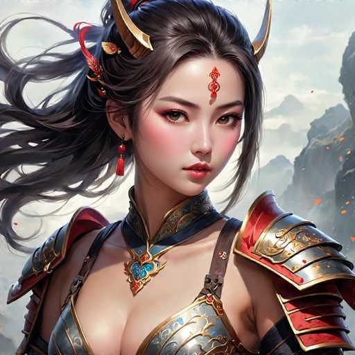 This image features a striking, computer-generated depiction of a young Asian woman, likely in her late teens or early twenties. She has long, flowing black hair adorned with a red feather and two gold horns that curve backward from her forehead. Her face is delicately made up, with a red dot on her forehead and red tassel earrings. She wears a form-fitting, metallic armor that is blue with gold trim, covering her chest and shoulders. The armor includes a high collar that extends up to her neck, and a necklace with a blue gem and a red gem. The background reveals a misty, mountainous landscape with gray clouds, adding to the ethereal and dramatic atmosphere of the scene.