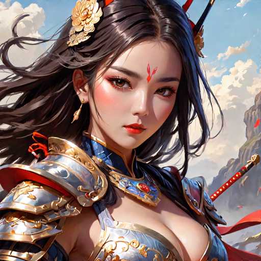 The image depicts a woman with long dark hair wearing a gold and red outfit adorned with intricate designs. She is holding a sword in her right hand and has a red dot on her forehead. The background features a mountainous landscape under a clear blue sky.