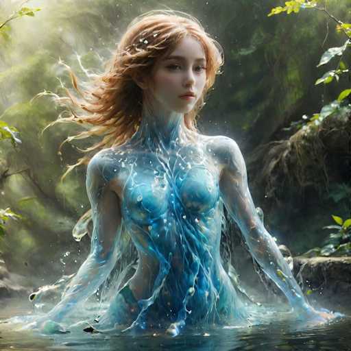 A digital painting of a beautiful, ethereal water nymph. She is partially submerged in clear, flowing water, her body appearing to be made of shimmering, translucent blue water. Her long, wavy hair is a warm golden-red, and it flows around her as if caught in the water. Her eyes are large and expressive, with a gentle, serene gaze directed towards the viewer. The background is a soft, blurred forest scene with lush green foliage and dappled sunlight filtering through the trees. The overall mood is one of tranquility, magic, and natural beauty.