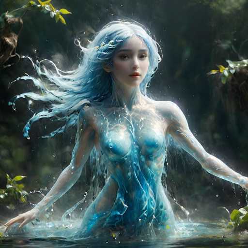 The image depicts a highly detailed, computer-generated or AI-generated fantasy scene featuring a young woman who appears to be a mermaid. She stands waist-deep in water, her long, flowing blue hair cascading around her shoulders and back. Her skin is a pale, almost translucent white, with a subtle blue tint that complements her hair. Her arms are extended to her sides, and her legs are slightly apart, with water splashing around her. She has a serene expression, with pink lips, brown eyes, and a small nose. The background is dark and blurry, filled with green foliage and tree branches, creating a mystical atmosphere. The overall color palette of the image is dominated by shades of blue, white, and green, enhancing the ethereal and magical quality of the scene.