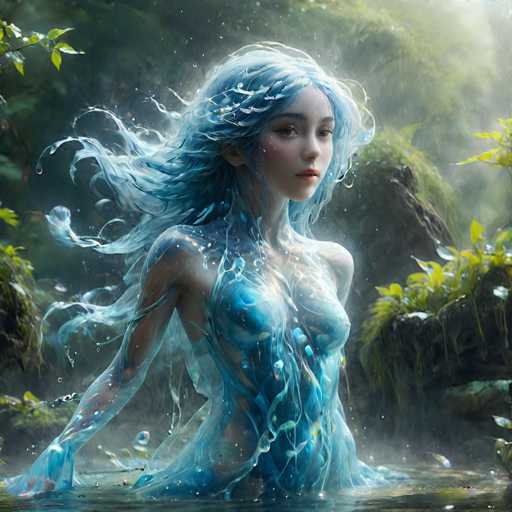 The image depicts a young woman with long, flowing blue hair that appears to be made of water, cascading around her shoulders and down her back. She stands waist-deep in a body of water, possibly a pond or lake, with her arms outstretched to her sides. Her skin is a light, almost translucent white, blending seamlessly with the water that surrounds her. The water itself is clear, with visible ripples and droplets, giving the impression that she is emerging from or transforming into the aquatic environment. The background features a lush, green forest with trees and bushes, adding to the mystical and ethereal atmosphere of the scene. The overall effect is a surreal, almost mythical portrayal of a woman who seems to be part water, part human, with a serene and captivating presence.