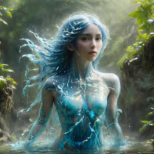 The image depicts a young woman with long, flowing blue hair that appears to be made of water, cascading around her shoulders and down her back. Her skin is a blend of white and blue hues, giving her an ethereal, almost mythical appearance. She stands waist-deep in water, with splashes and droplets rising around her, suggesting she is emerging from or submerged in the water. Her arms are relaxed at her sides, and she gazes directly at the camera with a serene expression. The background is a misty, foggy forest with green foliage and tree trunks visible on either side, adding to the dreamlike quality of the scene. The overall composition, with its detailed and realistic yet fantastical elements, suggests that this is a digitally created or AI-generated image.