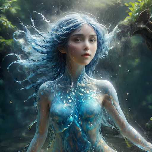 A young woman with blue hair is depicted as a mermaid standing on the shore of a body of water. The background features trees and foliage, creating an impressionistic style that emphasizes the play of light and shadow over the subject's form.