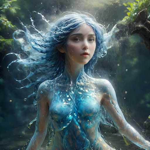 The image depicts a young woman with long, flowing blue hair that appears to be made of water, cascading around her face and shoulders. Her skin is a light, almost translucent white, blending seamlessly with the water-like substance that envelops her body. The water flows over her chest, arms, and legs, creating a shimmering, ethereal effect. Her face, framed by her blue hair, features brown eyes, a small nose, and pink lips, with a hint of blush on her cheeks. She gazes directly at the viewer, her expression serene and captivating. The background is a dark, murky green, reminiscent of a swamp or forest, with a tree branch and leaves visible on the right side. The overall scene is set in a misty, dreamlike environment, with water droplets and bubbles floating around her, enhancing the mystical and aquatic theme of the image.
