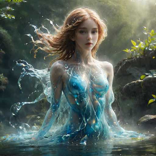 The image depicts a young woman with long, flowing red hair that appears to be blowing in the wind. She stands waist-deep in water, which splashes around her legs. Her skin has a translucent quality, giving the impression that she is made of water. She is wearing a blue, sleeveless top that also seems to be part of her body, blending seamlessly with her skin. Her arms are at her sides, and her expression is neutral, with her gaze directed straight ahead. The background features a rocky shoreline with green plants and trees, and the overall scene is bathed in a soft, ethereal light. The image has a slightly blurred quality, enhancing its dreamlike atmosphere.